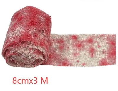Halloween horror bandage roll showing 8cm wide polyester gauze with bloody red dyed finish