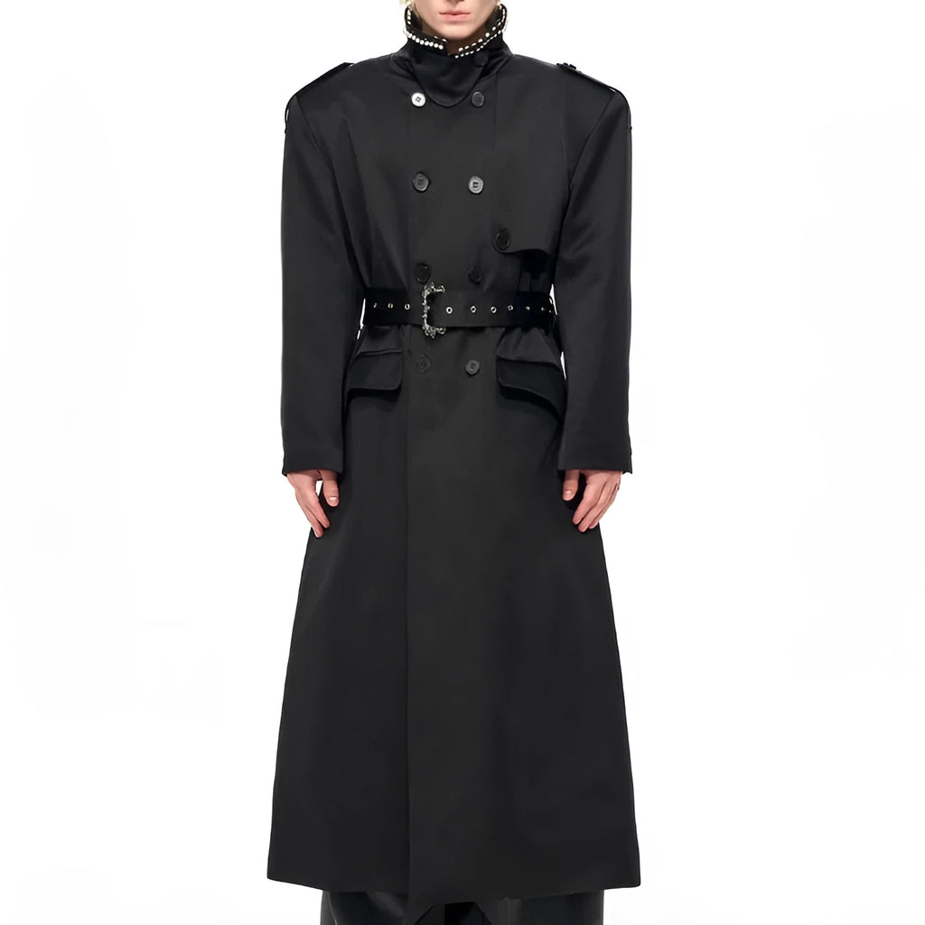 Black padded trench coat medium length cotton polyester blend front view