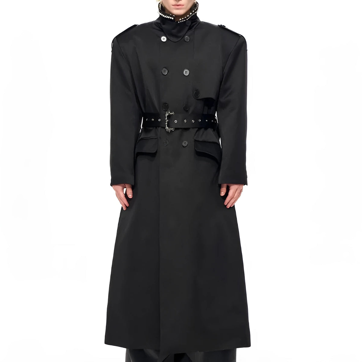 Black padded trench coat medium length cotton polyester blend front view