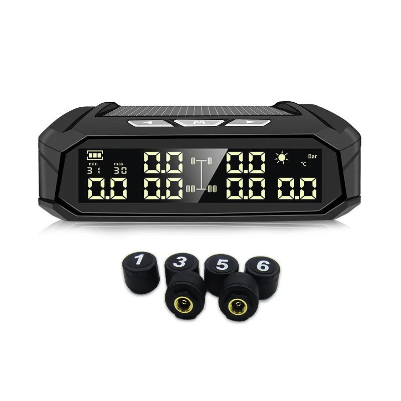 Solar-powered external tyre pressure monitor system for six truck tyres with colour digital display
