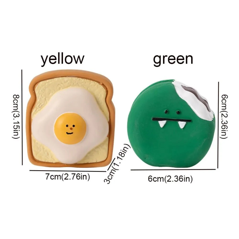 Yellow latex dog chew toy shaped like cartoon bread with squeaker inside