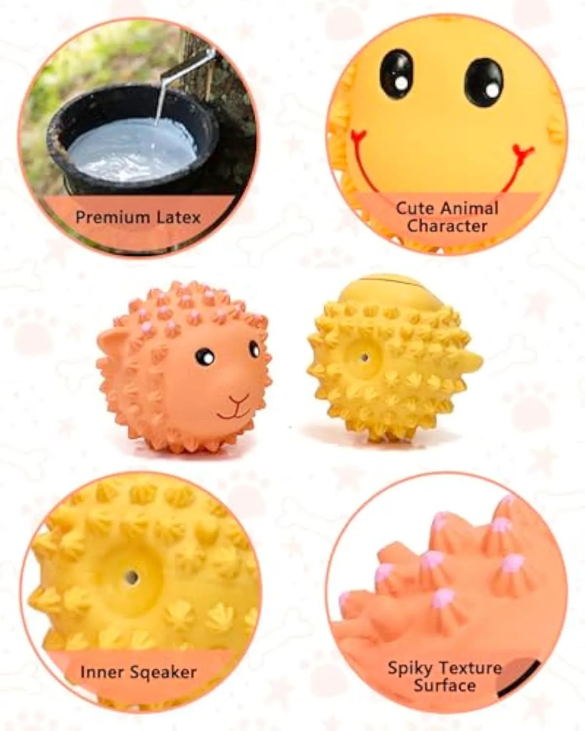 Orange and yellow latex squeaky dog toys with spiky texture for teeth cleaning