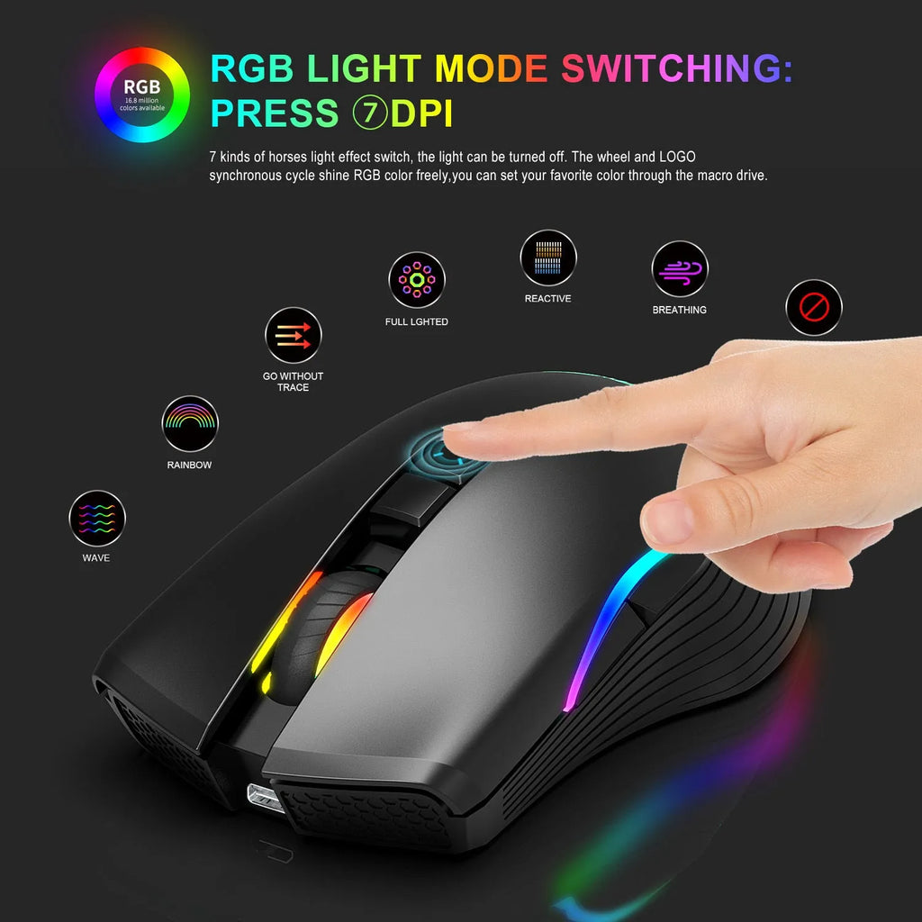 HXSJ black 2.4G wireless mouse with RGB lighting and TYPE-C charging port