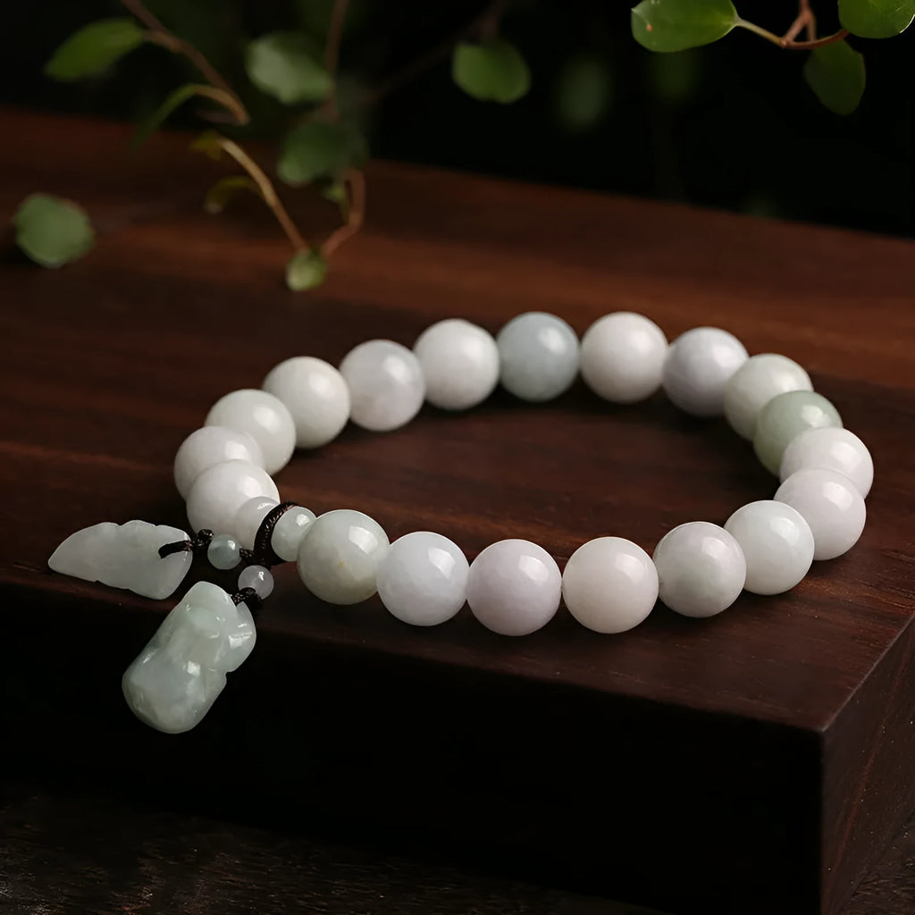 Natural emerald jade bracelet with geometric beads and Maitreya Buddha detail in various colour options