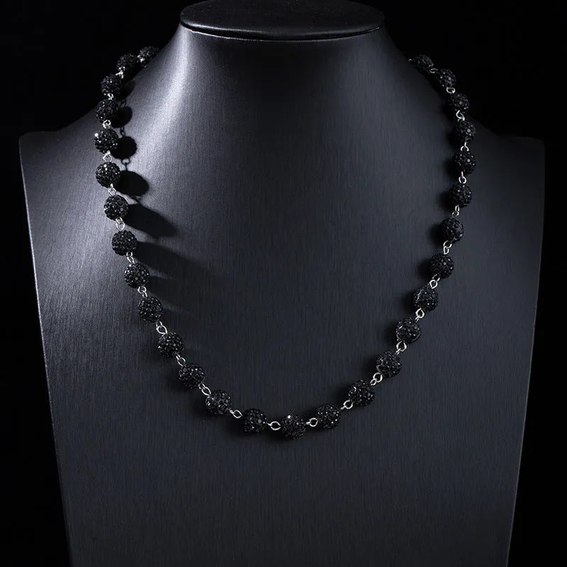 Alloy hip hop waist chain with diamond ball zipper detail, 115cm length, black colour option on display