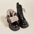 Retro British style platform ankle boots with front lace-up, horseshoe heel, and visible stitching in black