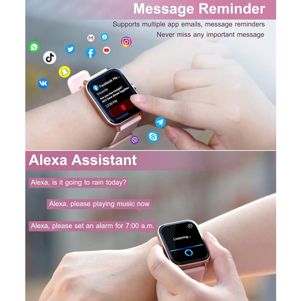 Multi functional sports smartwatch in pink or black with heart rate monitoring, Bluetooth calling, and 7-14 day battery life