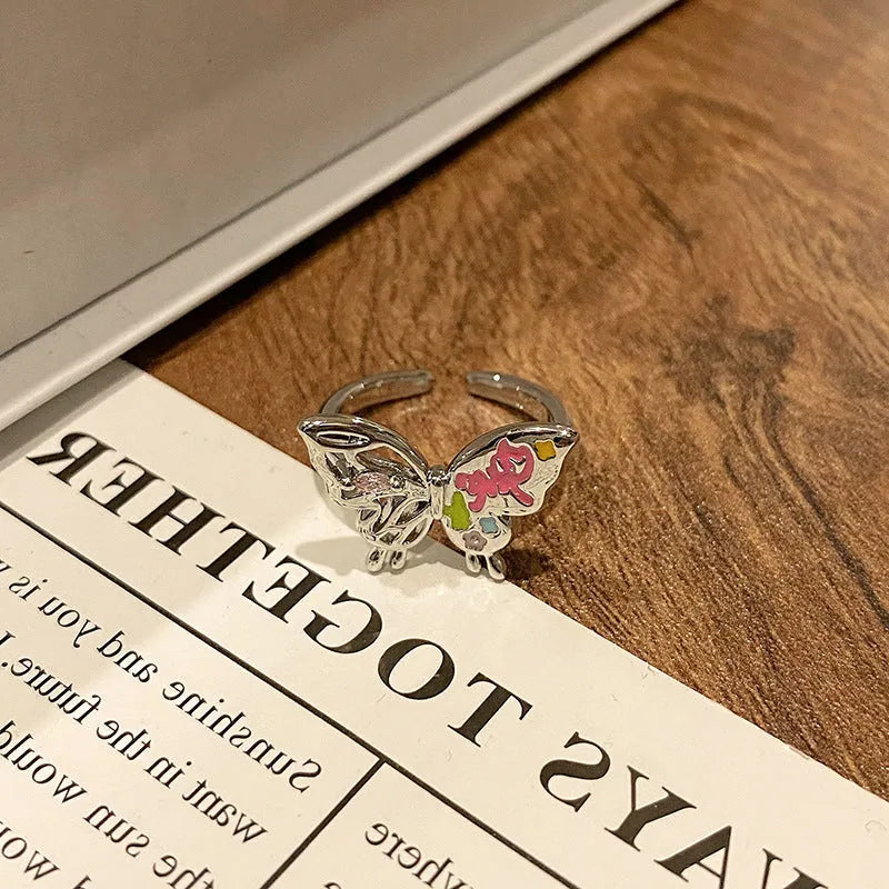 Chinese butterfly design women's copper ring with dripping oil treatment finish