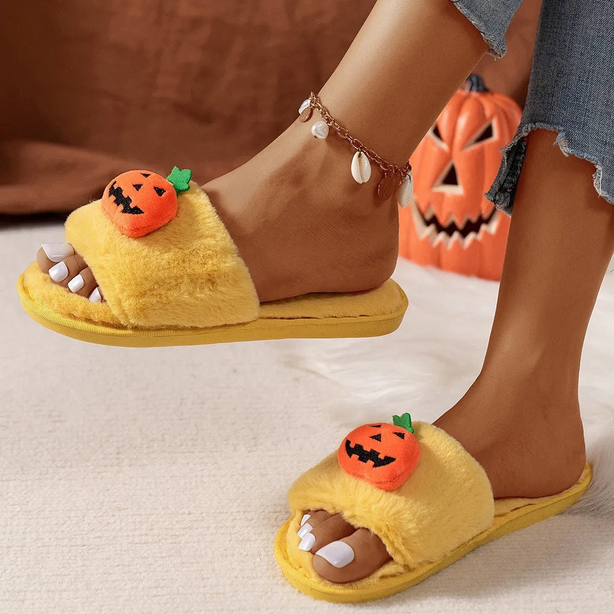 White and yellow pumpkin cartoon plush open toe slippers with synthetic fur upper and PVC sole