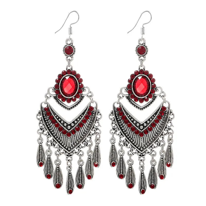 Purple long drop fringe earrings with crystals, ethnic retro style alloy jewellery.