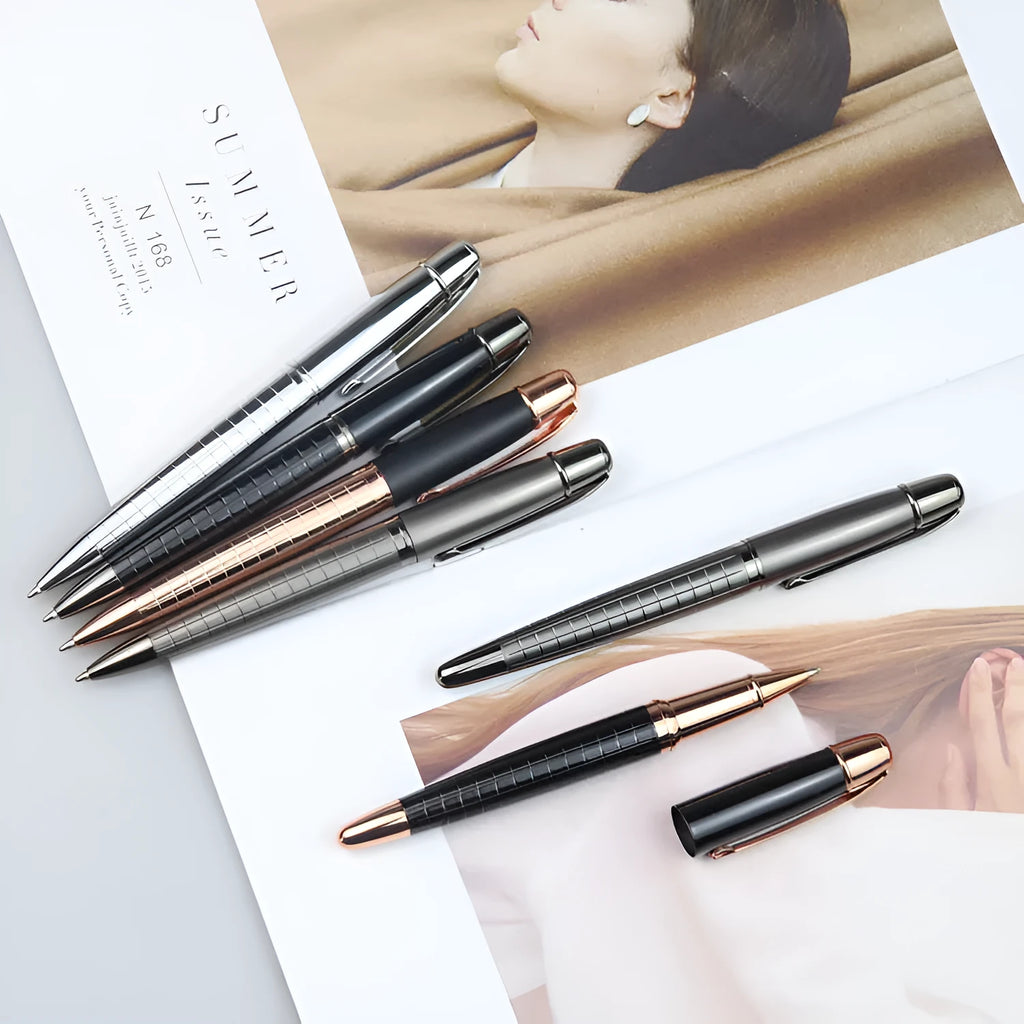 Gun grey metal rollerball pen shown with black and blue ink refill options