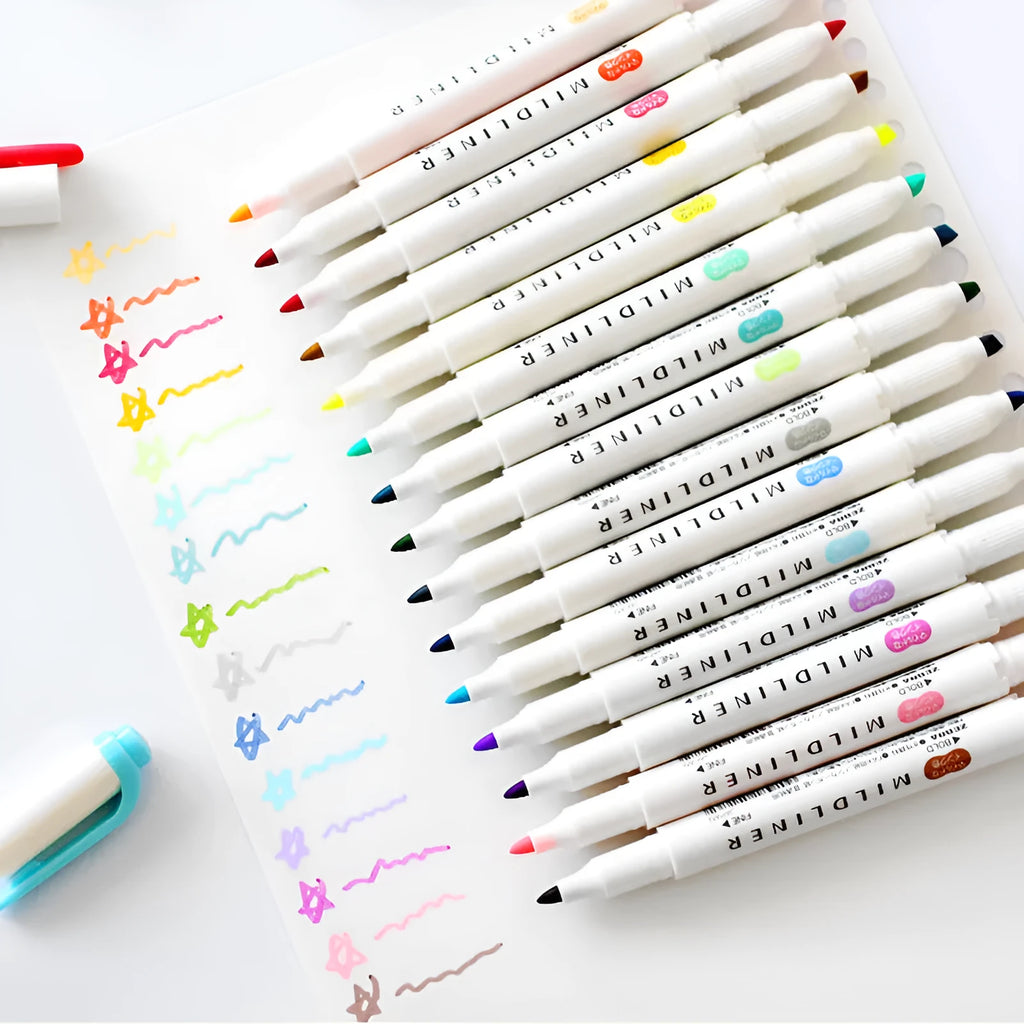 Double-headed colour marker pen with fine tip and soft grip in multiple colours including blue and green