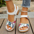 White women's high heel sandals with velcro buckle closure showing PU leather upper and rubber sole