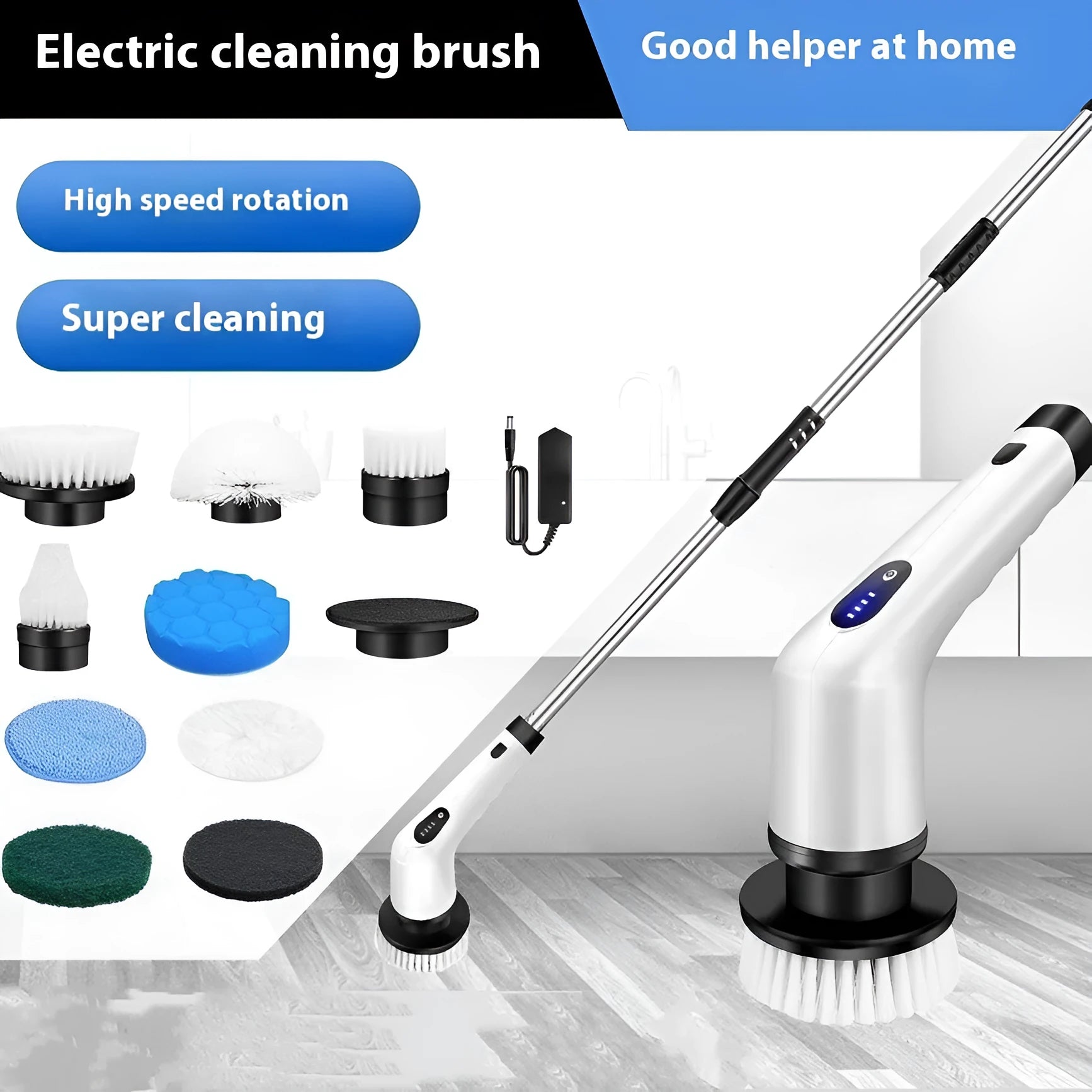 White handheld cleaning ball with rechargeable battery and multiple international plug adapters