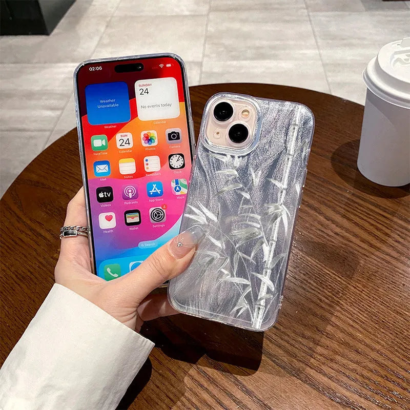 Acrylic feather yarn silver bamboo phone case for iPhone with shockproof protection in silver finish