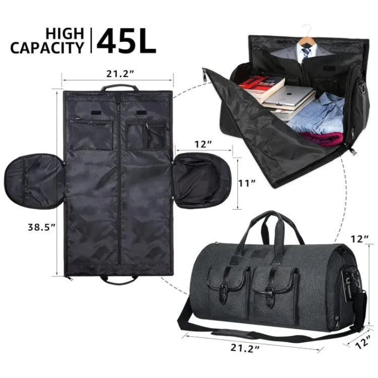 Large capacity folding storage bag in Oxford cloth with sewing thread detail, available in black and gray or light gray, 20-35L capacity.