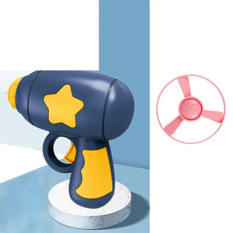 LED light-up flying saucer toy set with launcher gun, three glowing discs, and target board.