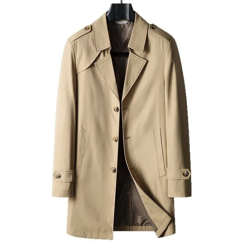 Mid-length lapel single breasted trench coat for men in khaki, chemical fibre blend, regular fit