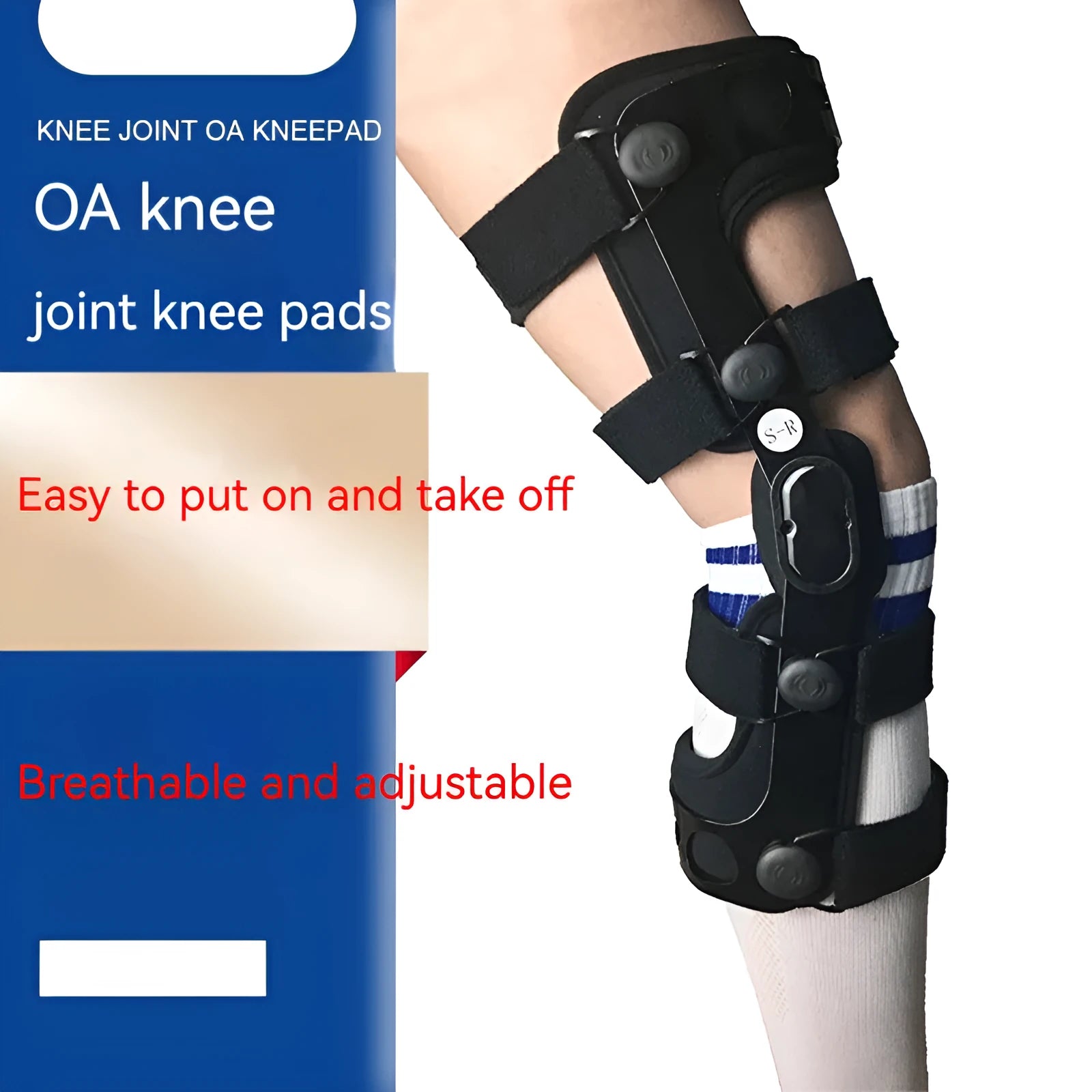 Black anterior ligament knee pad with metal frame support in multiple size options