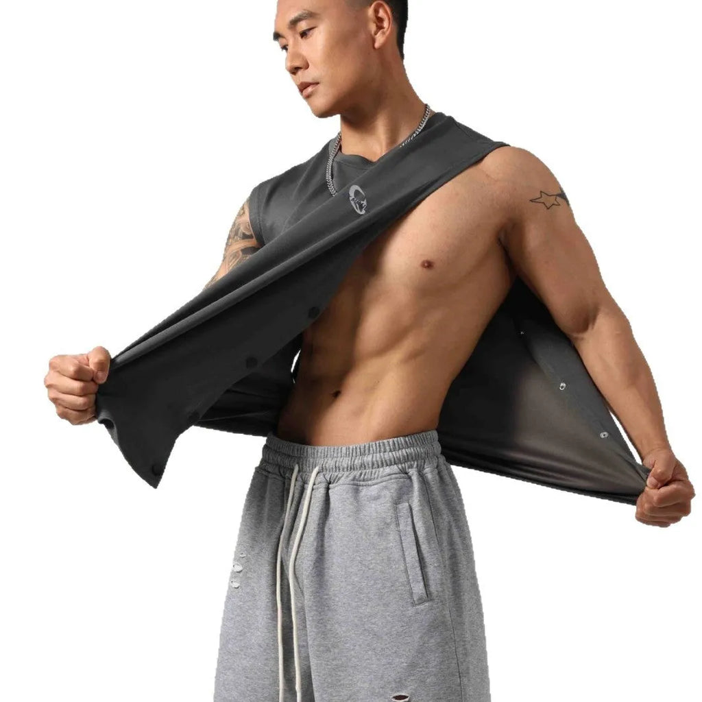 Men's black Korean style fitness vest with hidden hook side openings and loose fit design