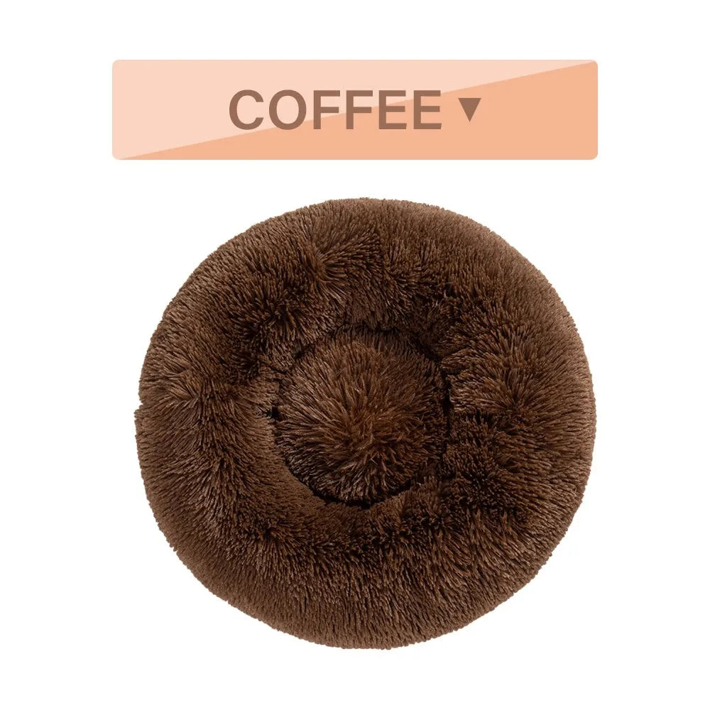 Fluffy XL donut-shaped dog bed in long plush fabric, 100cm diameter