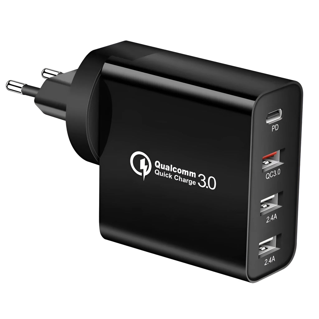 White fast charge USB wall charger with multiple ports including PD and QC