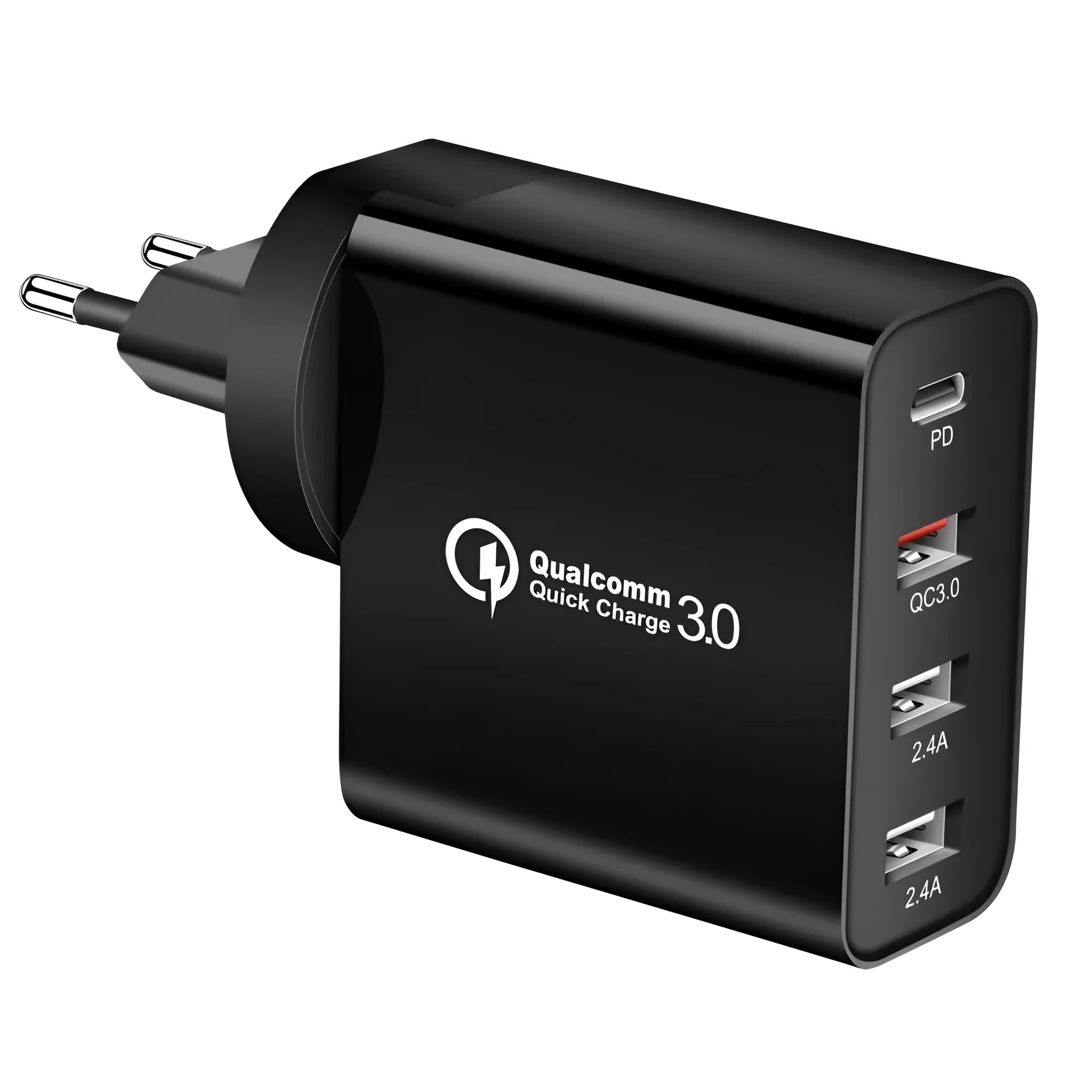 White fast charge USB wall charger with multiple ports including PD and QC