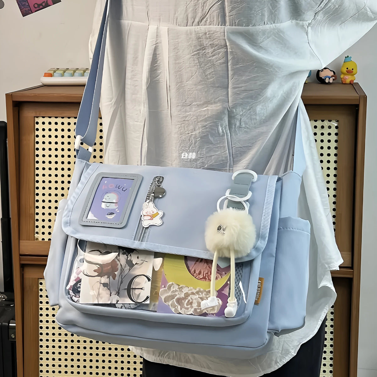 Canvas crossbody bag, horizontal square, 33x27x15cm, waterproof, soft, with optional pendant, black blue white yellow