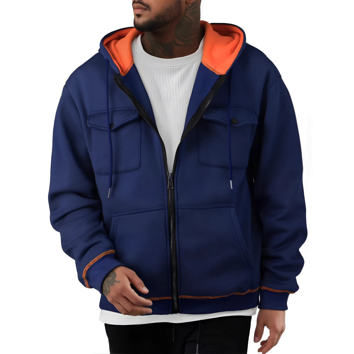 Men's plus size zipper sweater with wool lining, loose fit, long sleeve, available in five colours.