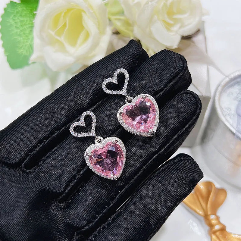 Pink crystal heart earrings on copper base, 26x15mm, 7g, 2023 new light luxury fashion jewellery for women girls