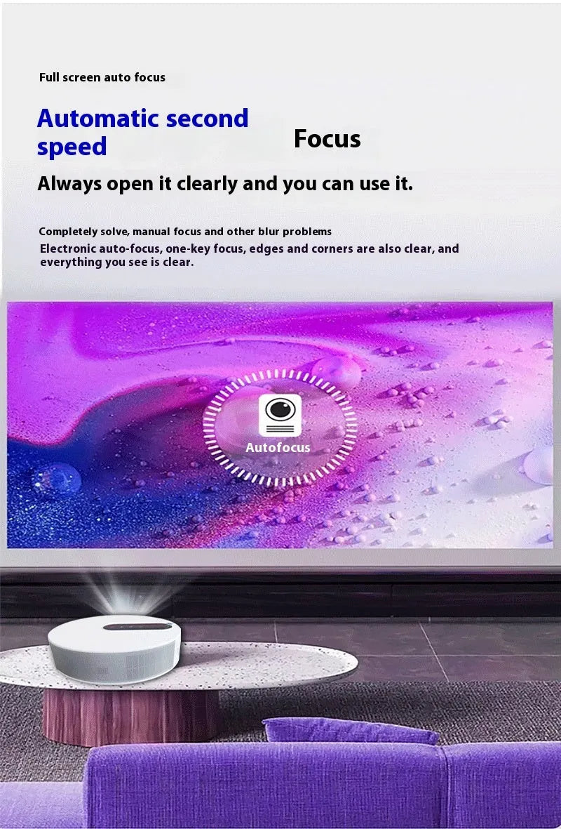 White HD projector with remote control on stand, showing 720p resolution display for home cinema use