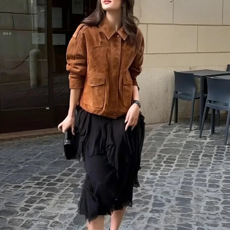 Women's brown street chic suede-look coat with regular sleeves