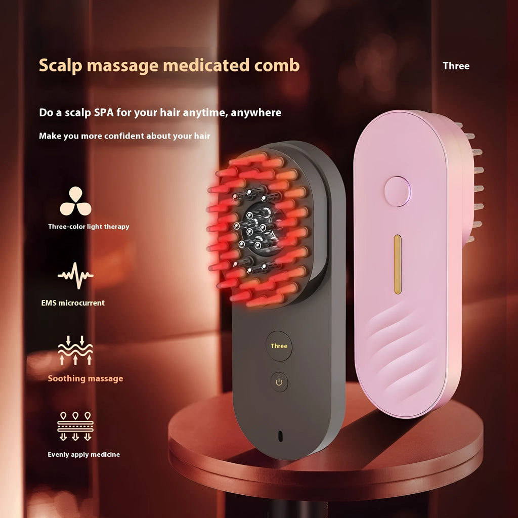 Pink and black smart massage comb with red light therapy for head care, measuring under 10cm