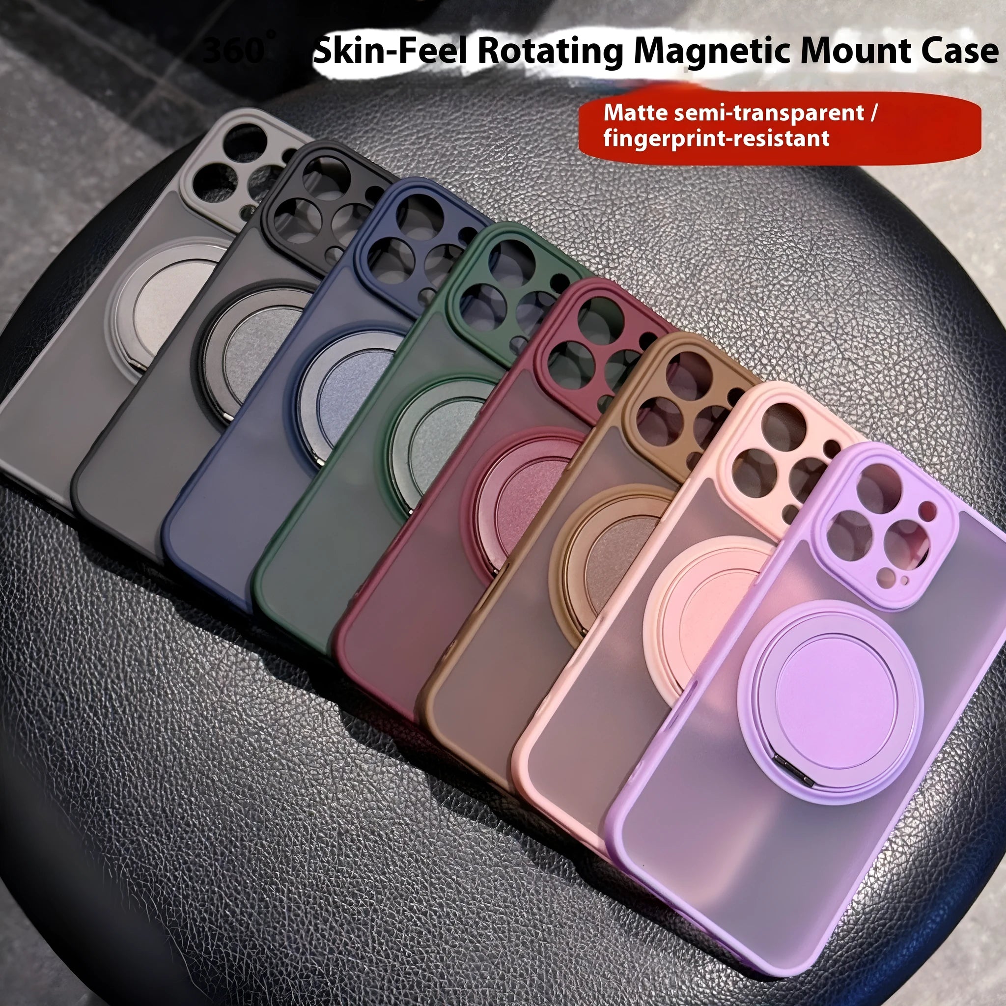 Frosted magnetic rotating bracket phone case for IPhone 17 series in multiple colour options showing bracket extended.