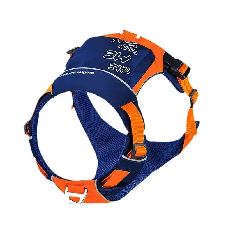 Orange blue nylon dog chest strap vest style with hand rope attachment for walking control