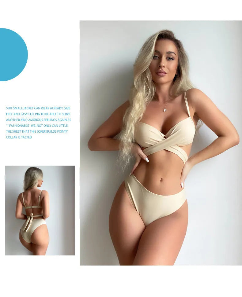 White backless push-up bikini top with high-waisted panties and matching skirt, three-piece set on mannequin.