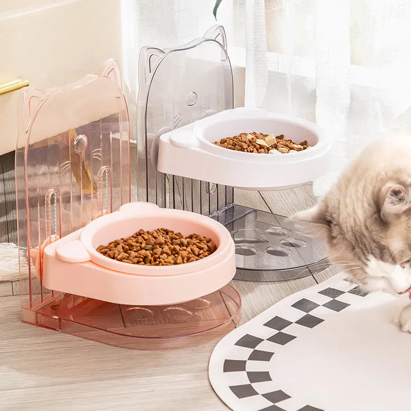 Grey adjustable cat feeding bowl with removable anti-spill ears and hanging cage