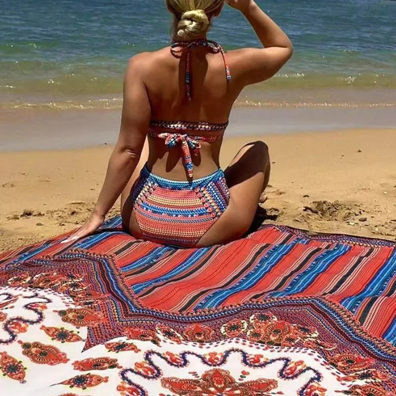 Women's three-piece polyester swimsuit set with cutout top, high-waist briefs, and a coat in picture colour.