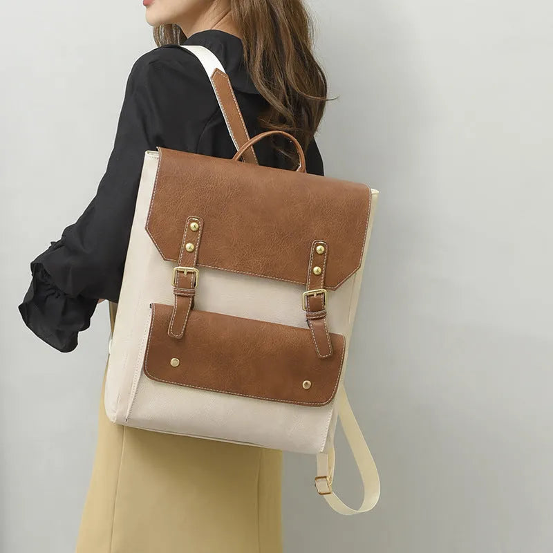 Korean retro style PU backpack in black showing soft construction and ventilation features