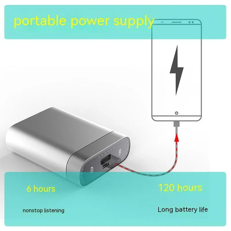 Silver gray wireless Bluetooth V5.0 headset with 3000mAh charging compartment and mobile power supply function, 74 x 28 x 95 mm