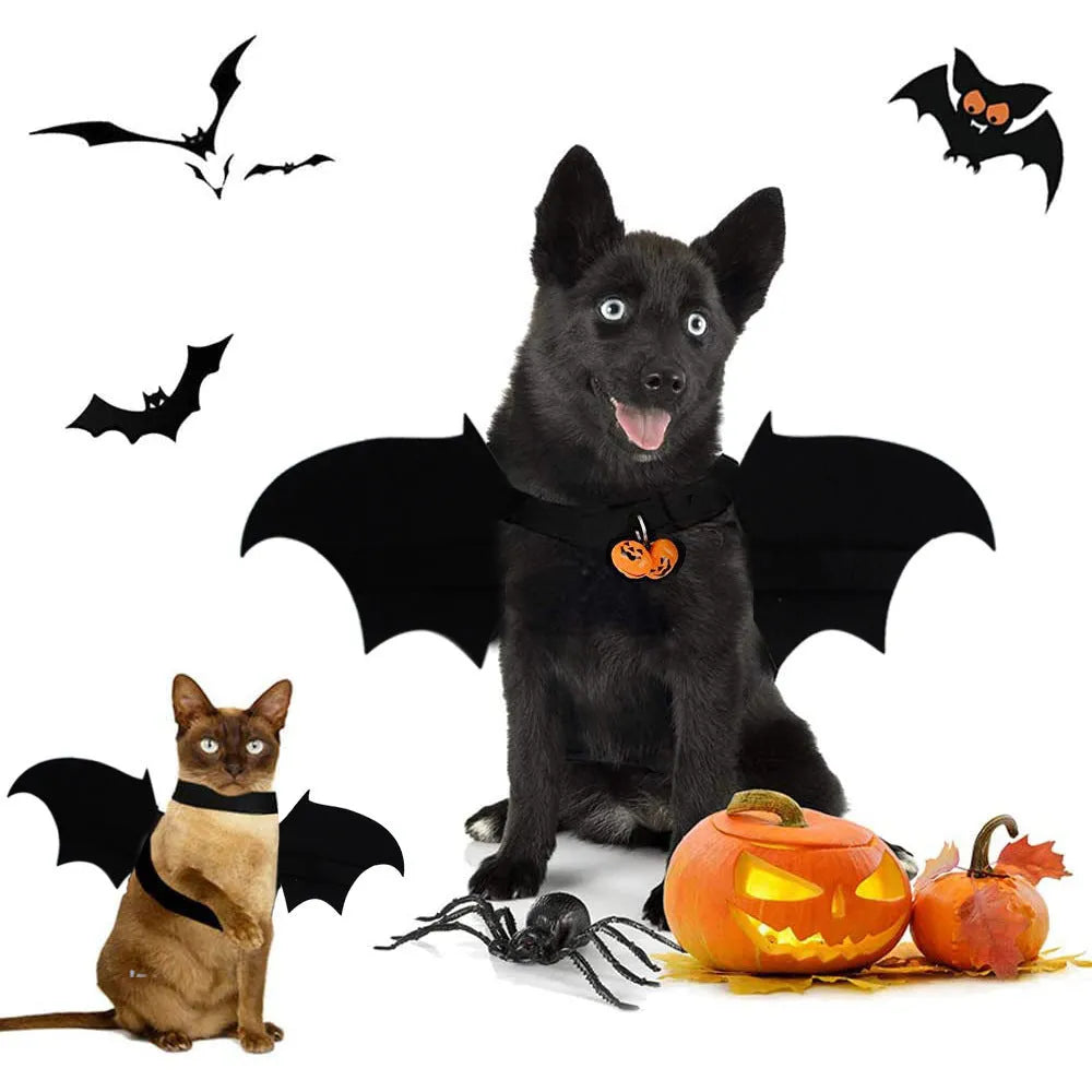 Cloth dog or cat costume with printed bat wings and optional bell, available in sizes S, M, and L.