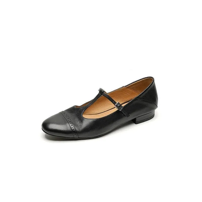 Women's T-shaped buckle cowhide round toe flats in brown with wedge heel and pigskin leather lining