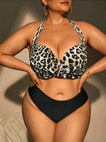 Plus size high waist leopard print bikini set with split top and shorts, showing the nylon and spandex fabric
