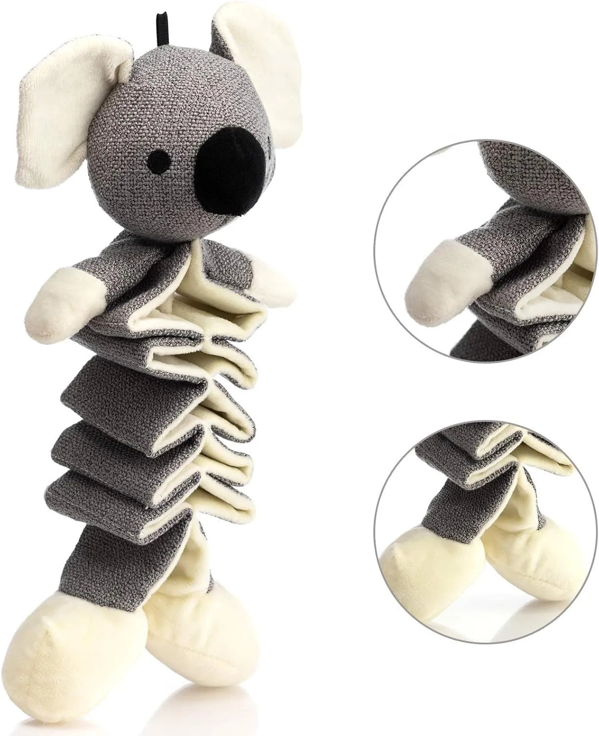 Grey koala plush dog toy measuring 30cm long with visible stitching and plush limb texture.