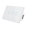 White wireless RF touch light switch with tempered glass panel showing red and blue LED indicators