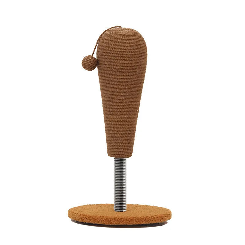 Hemp rope cat scratch board with interactive tumbler or grasping ball elements