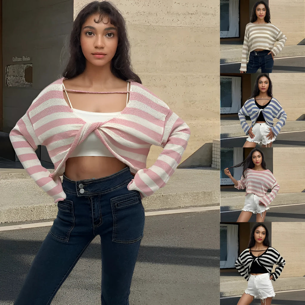 Woman wearing a striped long-sleeved sweater with an exposed navel, showcasing front and back wearable design in mercerised cotton.