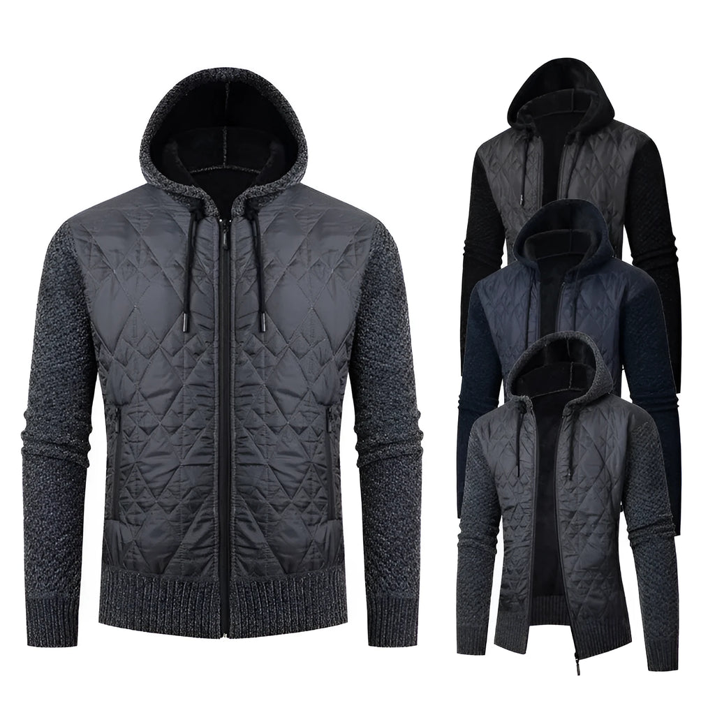 Men's grey corduroy hooded sweater coat with cinched style and wool composition