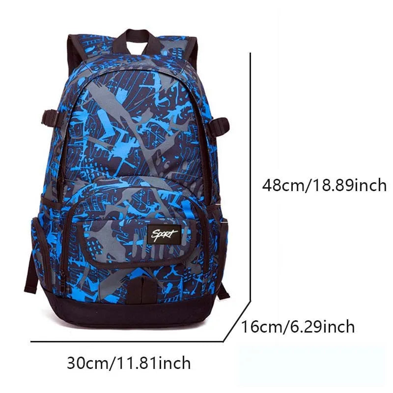Blue and red classic nylon backpacks showing large capacity design for travel and school use