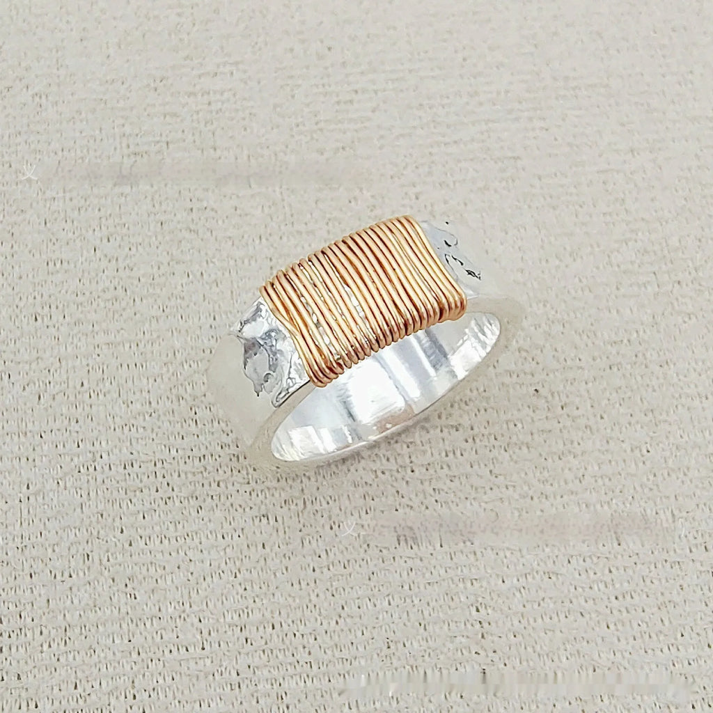 Copper unisex geometric ring with irregular coil design, silver gold electroplated finish, wide face, sizes 5 to 11